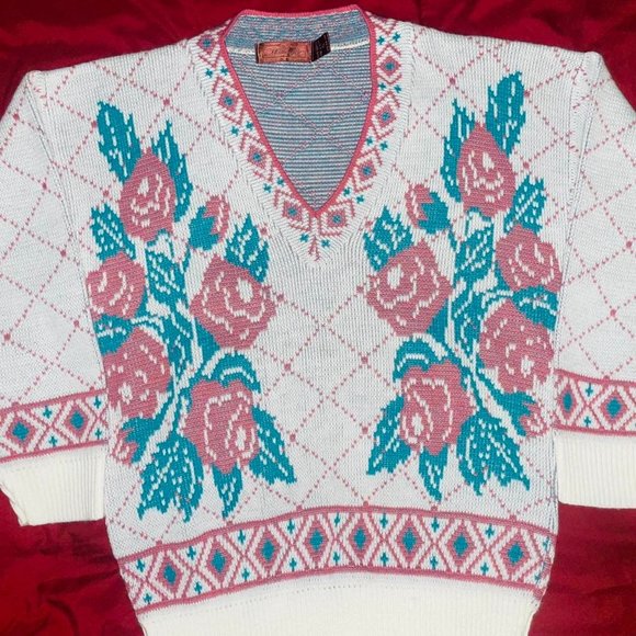 Vintage 80s Worthingtom Floral Coogi Grandma Sweater Small - Picture 2 of 4